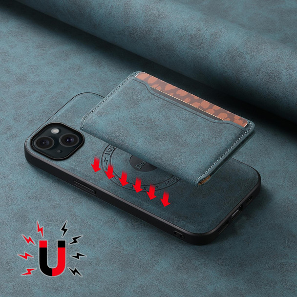 For iPhone 15 Plus Denior D13 Retro Texture Leather MagSafe Card Bag Phone Case(Blue)