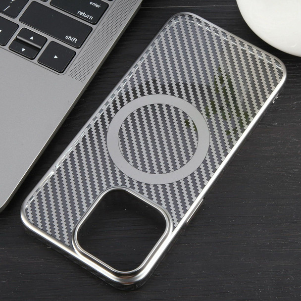 For iPhone 14 6D Plated Carbon Fiber Clear Magsafe PC Phone Case(Titanium Grey)