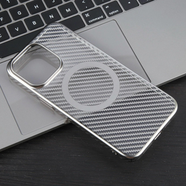 For iPhone 14 6D Plated Carbon Fiber Clear Magsafe PC Phone Case(Titanium Grey)