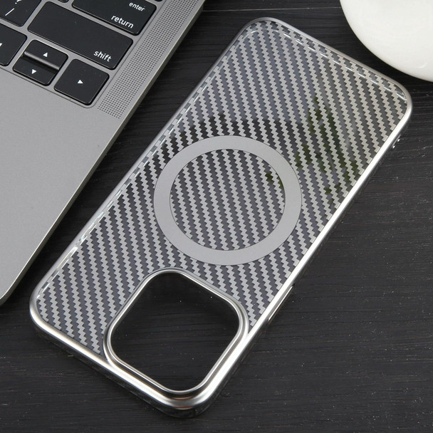 For iPhone 15 6D Plated Carbon Fiber Clear Magsafe PC Phone Case(Titanium Grey)