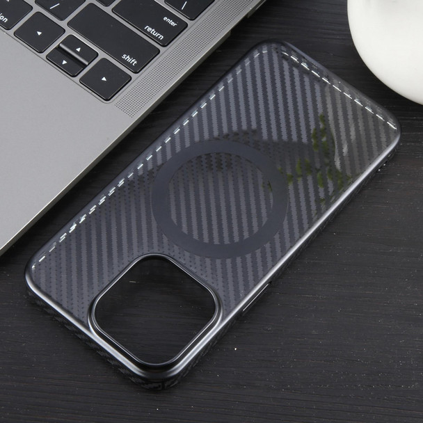 For iPhone 14 Plus 6D Plated Carbon Fiber Clear Magsafe PC Phone Case(Starry Black)
