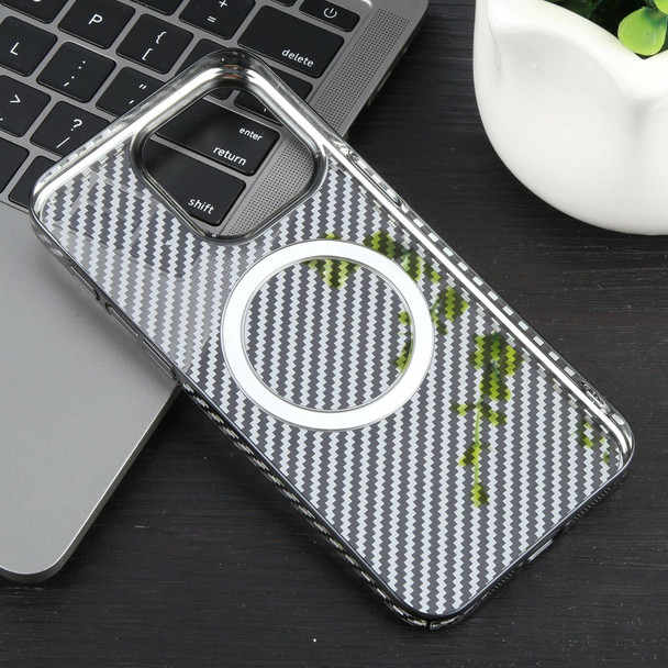 For iPhone 15 6D Plated Carbon Fiber Clear Magsafe PC Phone Case(Starry Black)