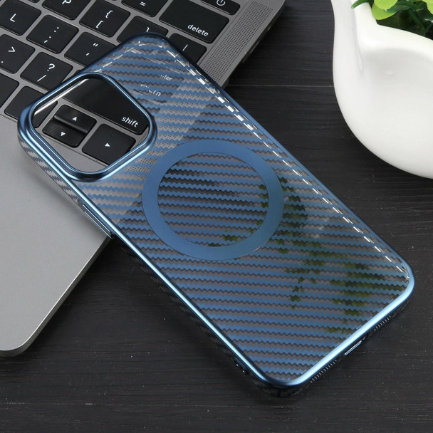 For iPhone 14 Plus 6D Plated Carbon Fiber Clear Magsafe PC Phone Case(Dream Blue)