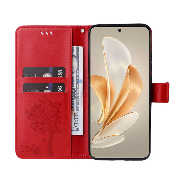 For vivo V29e Global / Y200 5G Global Tree & Cat Embossed Pattern Flip Leather Phone Case(Red)