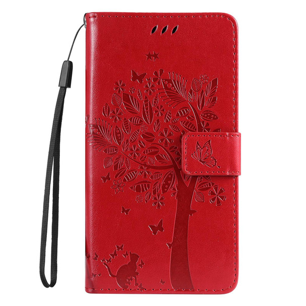 For vivo V29e Global / Y200 5G Global Tree & Cat Embossed Pattern Flip Leather Phone Case(Red)
