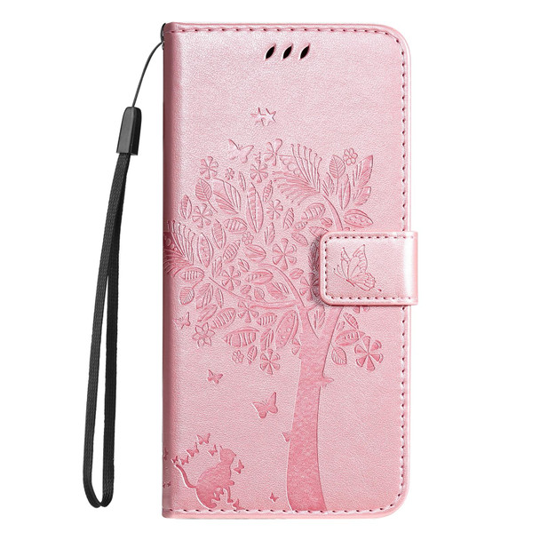 For Realme C65 4G Tree & Cat Embossed Pattern Flip Leather Phone Case(Rose Gold)