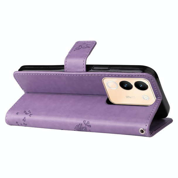 For vivo V29e Global / Y200 5G Global Tree & Cat Embossed Pattern Flip Leather Phone Case(Light Purple)