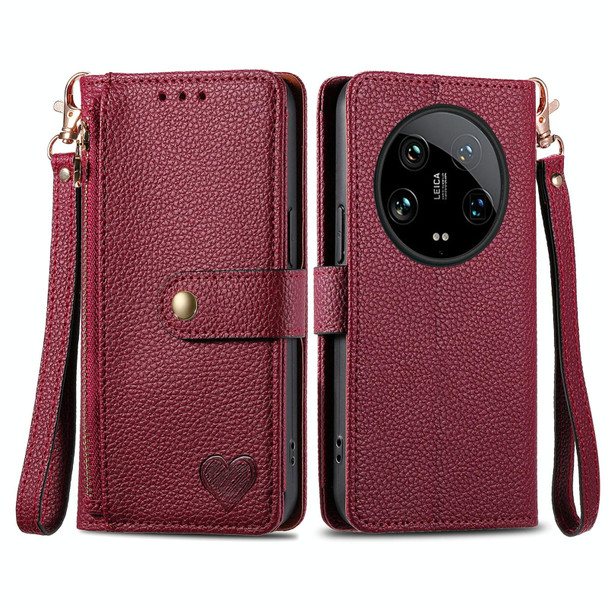 For Xiaomi 14 Ultra Love Zipper Lanyard Leather Phone Case(Red)
