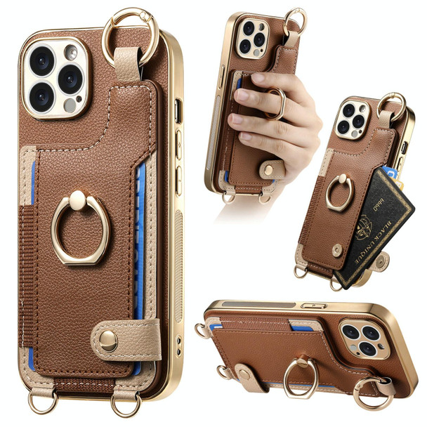 For iPhone 14 Pro Max Fashion Ring Card Bag Phone Case with Hang Loop(Brown)