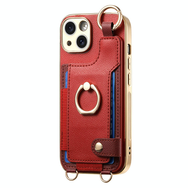 For iPhone 14 Pro Max Fashion Ring Card Bag Phone Case with Hang Loop(Red)