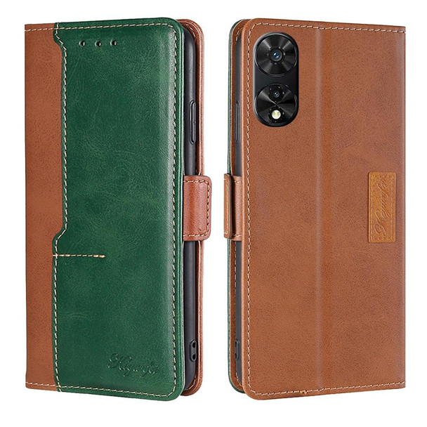 For TCL 505 4G Contrast Color Side Buckle Leather Phone Case(Light Brown + Green)