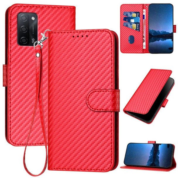 For OPPO A55 5G / A53s 5G YX0070 Carbon Fiber Buckle Leather Phone Case with Lanyard(Red)