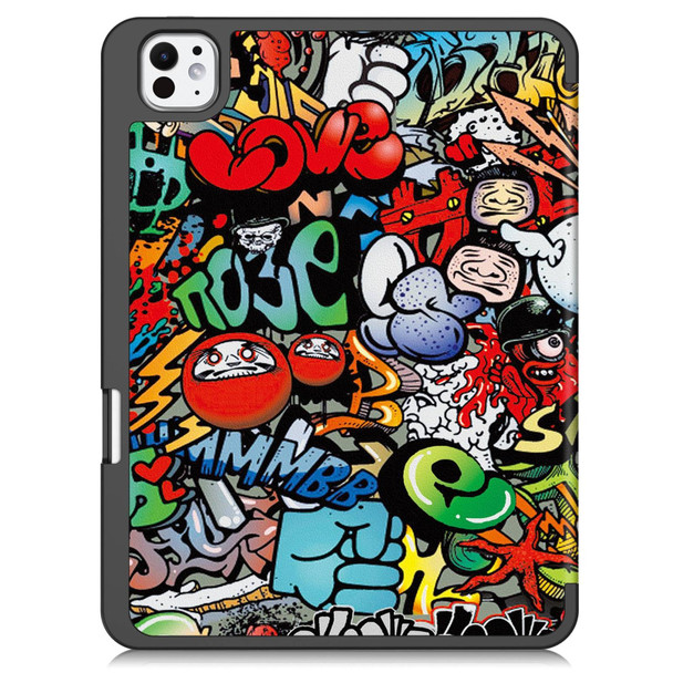 For iPad Pro 11 2024 Custer Painted 3-Fold Holder Smart Leather Tablet Case with Pen Tray(Graffiti)