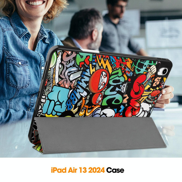 For iPad Air 13 2024 Custer Painted 3-Fold Holder Smart Leather Tablet Case with Pen Tray(Graffiti)