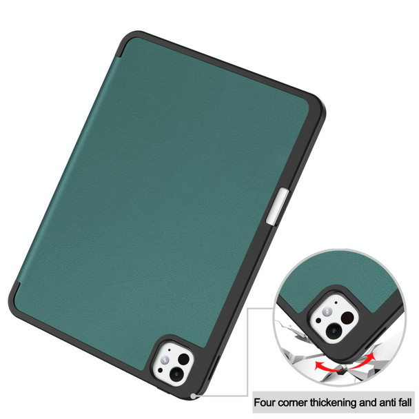 For iPad Pro 11 2024 Custer TPU Pure Color 3-Fold Holder Smart Leather Tablet Case with Pen Tray(Dark Green)