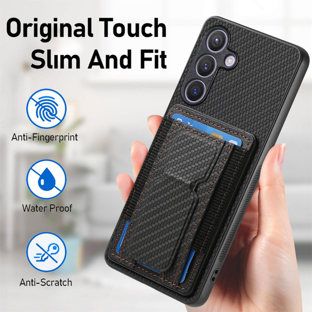 For Samsung Galaxy S23 5G Carbon Fiber Fold Stand Elastic Card Bag Phone Case(Black)