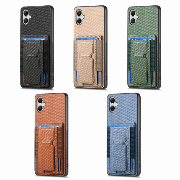 For Samsung Galaxy A54 5G Carbon Fiber Fold Stand Elastic Card Bag Phone Case(Khaki)