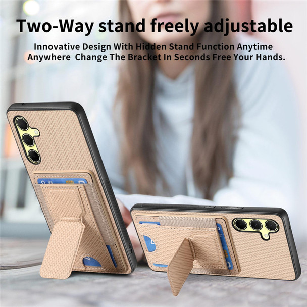 For Samsung Galaxy A54 5G Carbon Fiber Fold Stand Elastic Card Bag Phone Case(Khaki)