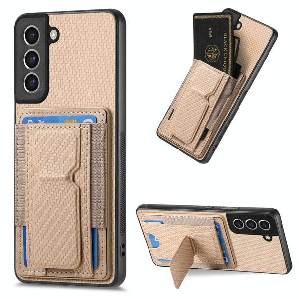 For Samsung Galaxy S21 FE 5G Carbon Fiber Fold Stand Elastic Card Bag Phone Case(Khaki)