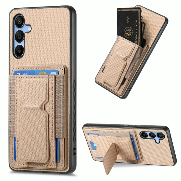 For Samsung Galaxy A13 4G Carbon Fiber Fold Stand Elastic Card Bag Phone Case(Khaki)