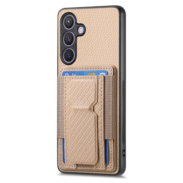 For Samsung Galaxy S22 5G Carbon Fiber Fold Stand Elastic Card Bag Phone Case(Khaki)