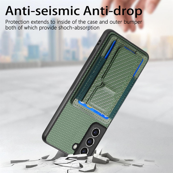 For Samsung Galaxy S21 FE 5G Carbon Fiber Fold Stand Elastic Card Bag Phone Case(Green)