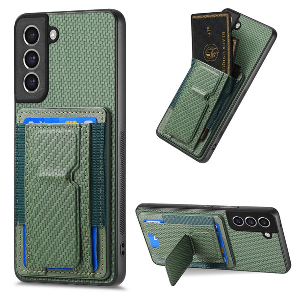 For Samsung Galaxy S21 FE 5G Carbon Fiber Fold Stand Elastic Card Bag Phone Case(Green)