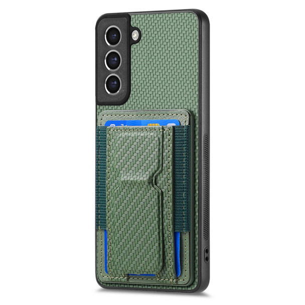 For Samsung Galaxy S21 FE 5G Carbon Fiber Fold Stand Elastic Card Bag Phone Case(Green)