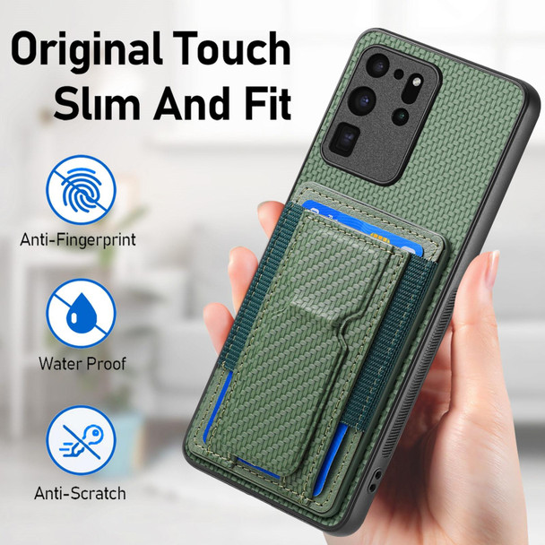 For Samsung Galaxy S20 Ultra Carbon Fiber Fold Stand Elastic Card Bag Phone Case(Green)