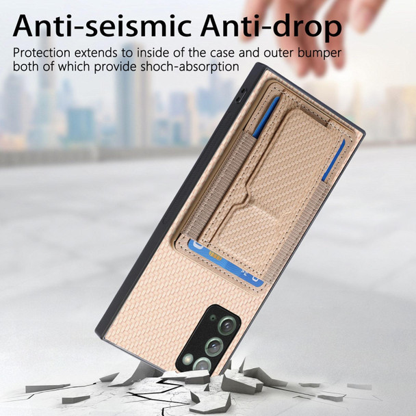 For Samsung Galaxy Note20 Carbon Fiber Fold Stand Elastic Card Bag Phone Case(Khaki)