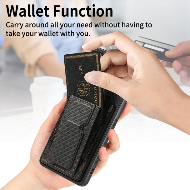 For Samsung Galaxy S22 5G Carbon Fiber Fold Stand Elastic Card Bag Phone Case(Black)