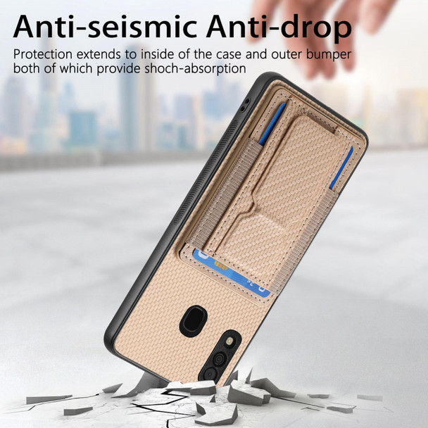 For Samsung Galaxy A50/A50s/A30s Carbon Fiber Fold Stand Elastic Card Bag Phone Case(Khaki)