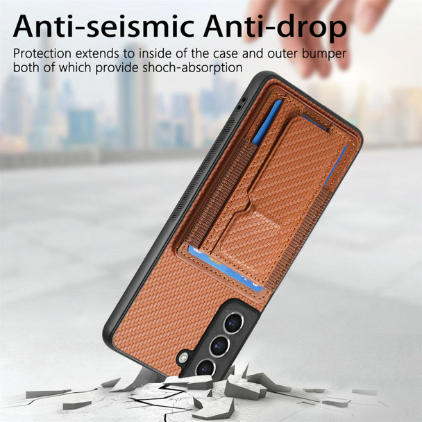 For Samsung Galaxy S21 FE 5G Carbon Fiber Fold Stand Elastic Card Bag Phone Case(Brown)