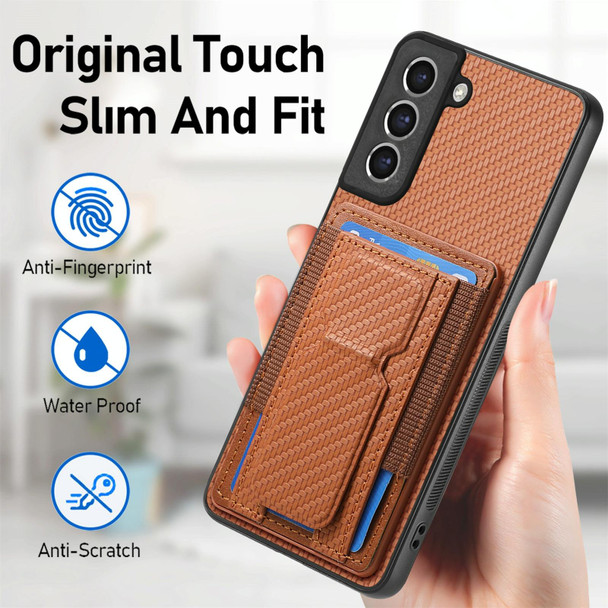 For Samsung Galaxy S21 FE 5G Carbon Fiber Fold Stand Elastic Card Bag Phone Case(Brown)