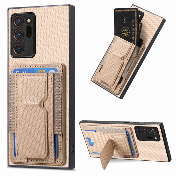 For Samsung Galaxy Note20 Ultra Carbon Fiber Fold Stand Elastic Card Bag Phone Case(Khaki)