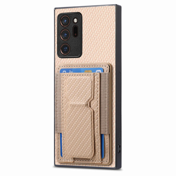 For Samsung Galaxy Note20 Ultra Carbon Fiber Fold Stand Elastic Card Bag Phone Case(Khaki)
