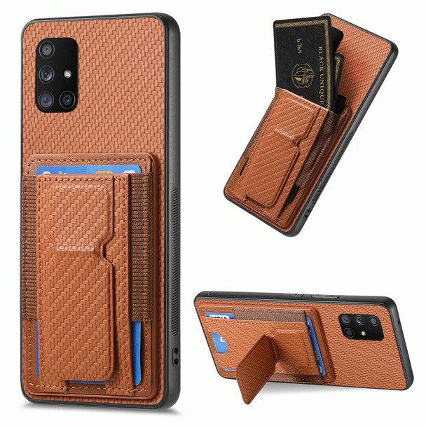 For Samsung Galaxy A71 5G Carbon Fiber Fold Stand Elastic Card Bag Phone Case(Brown)