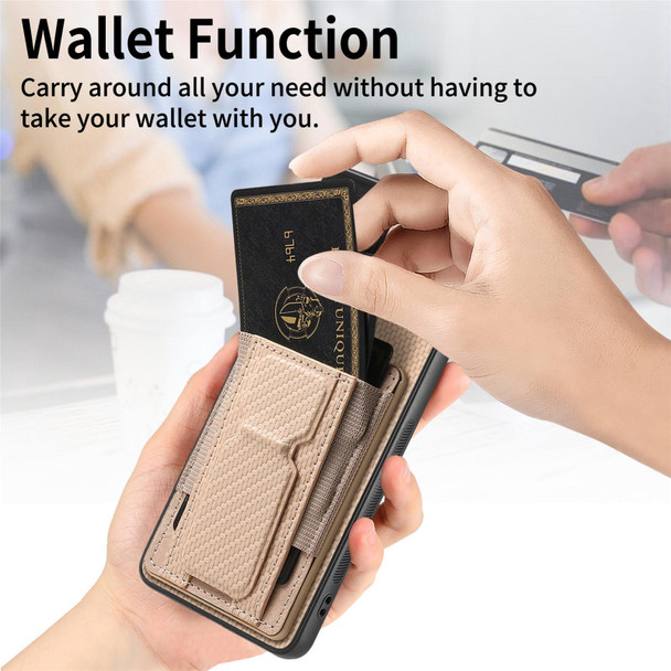 For Samsung Galaxy S21+ 5G Carbon Fiber Fold Stand Elastic Card Bag Phone Case(Khaki)