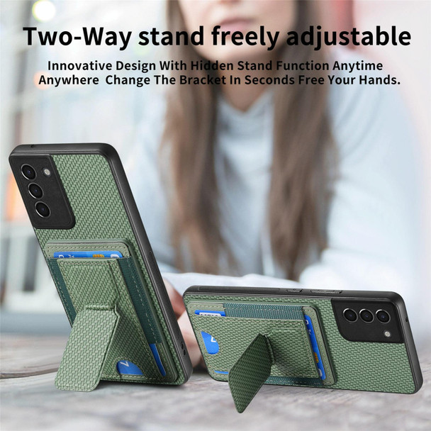 For Samsung Galaxy S21+ 5G Carbon Fiber Fold Stand Elastic Card Bag Phone Case(Green)