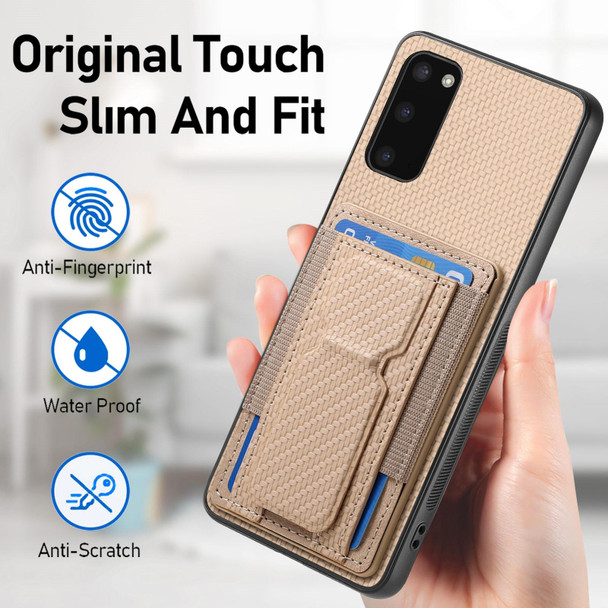 For Samsung Galaxy S20 Carbon Fiber Fold Stand Elastic Card Bag Phone Case(Khaki)