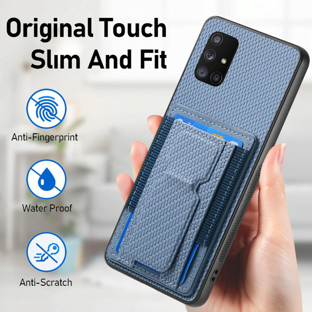 For Samsung Galaxy A71 5G Carbon Fiber Fold Stand Elastic Card Bag Phone Case(Blue)