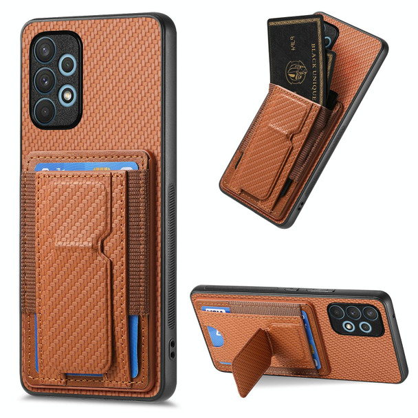 For Samsung Galaxy A32 4G Carbon Fiber Fold Stand Elastic Card Bag Phone Case(Brown)