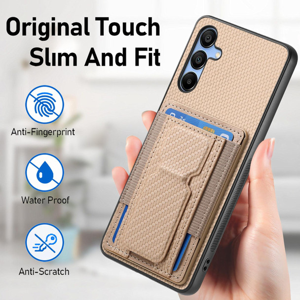 For Samsung Galaxy A13 5G Carbon Fiber Fold Stand Elastic Card Bag Phone Case(Khaki)