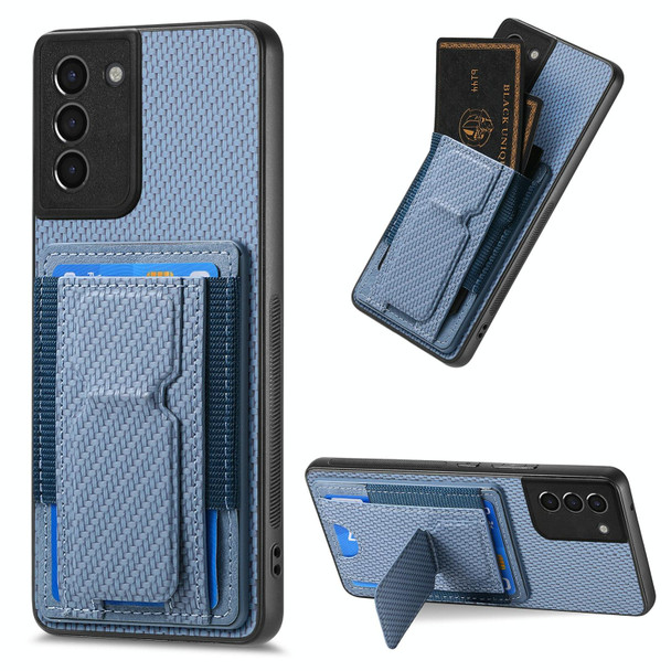 For Samsung Galaxy S21 5G Carbon Fiber Fold Stand Elastic Card Bag Phone Case(Blue)