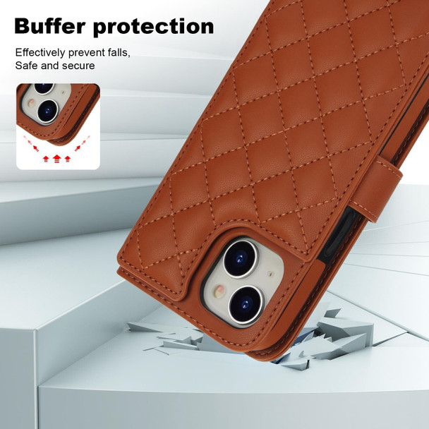 For iPhone 14 / 13 Crossbody Multifunction Rhombic Leather Phone Case(Brown)