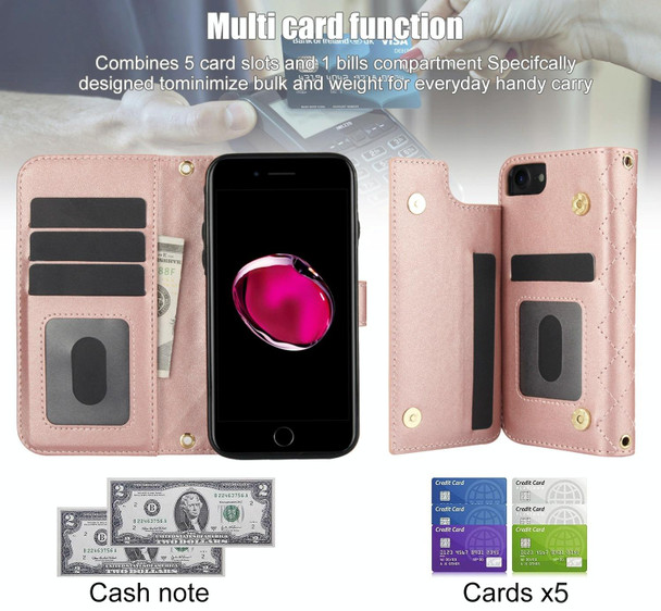 For iPhone 7 / 8 / SE 2022 Crossbody Multifunction Rhombic Leather Phone Case(Rose Gold)