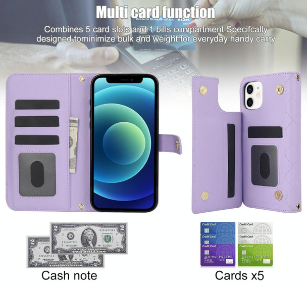 For iPhone 12 mini Crossbody Multifunction Rhombic Leather Phone Case(Purple)