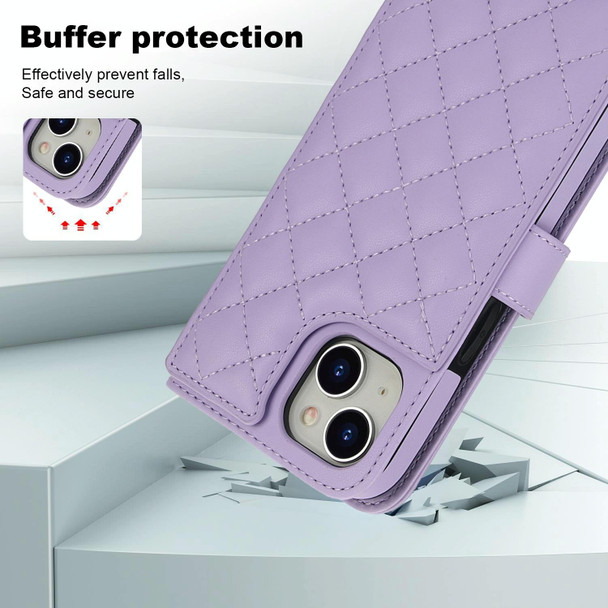 For iPhone 15 Plus Crossbody Multifunction Rhombic Leather Phone Case(Purple)