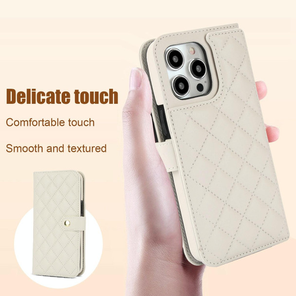 For iPhone 15 Pro Crossbody Multifunction Rhombic Leather Phone Case(White)