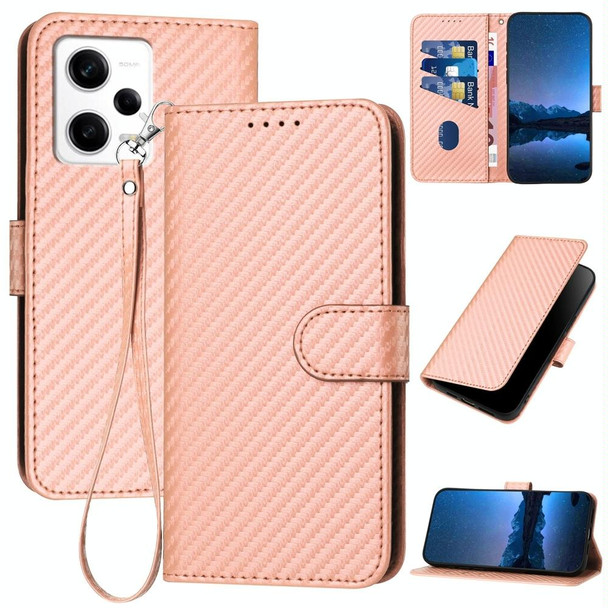 For Xiaomi Redmi Note 12 Pro 5G Global YX0070 Carbon Fiber Buckle Leather Phone Case with Lanyard(Pink)